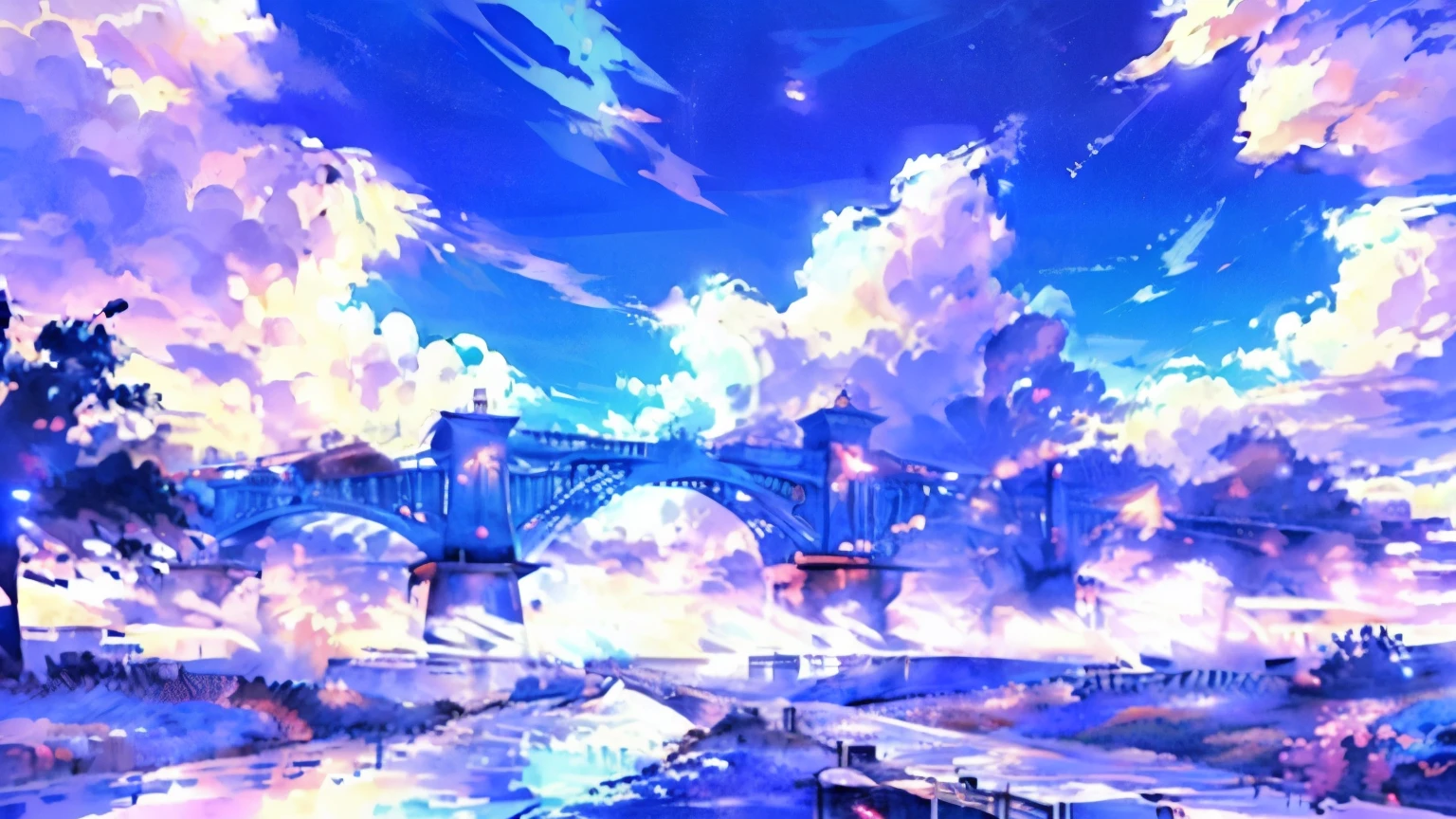 Anime scenery of a bridge over a river with a sky background, beautiful Anime scenery, Anime scenery wallpaper, Anime scenery, Anime Nature, Anime Nature wallpap, Anime scenery, Anime Background art, Anime Background, Beautiful peaceful scenes in anime, Beautiful anime scene, Wallpaper Anime Blue Water,