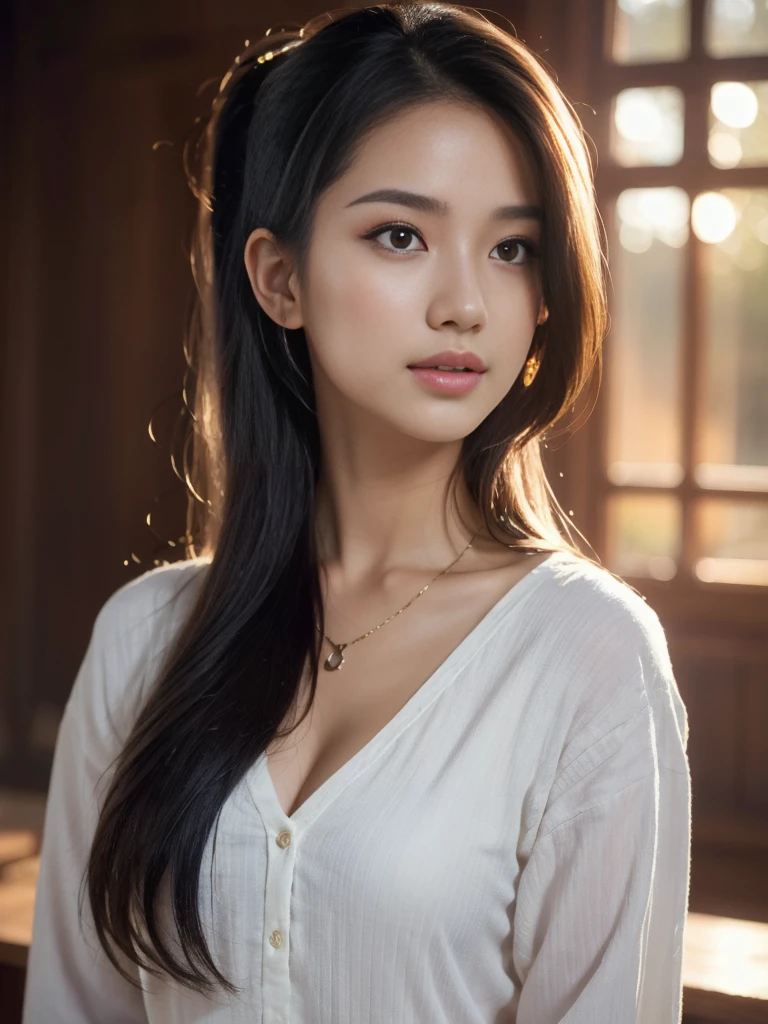 best quality, Masterpiece, height, 1 girl, Farmer's shirt , showing off the beautiful proportions., decorationsผม,necklace, decorations,Beautiful face,when_body, Tyndall Effect,realistic, dark studio, Light around the wheel rim, Two tone light,(Highly detailed skin:1.2), 8K, dslr, soft light, High quality, Volumetric light, Straight forward, photograph, high resolution, 4K, 8K, Bokeh, Very long black ponytail hair