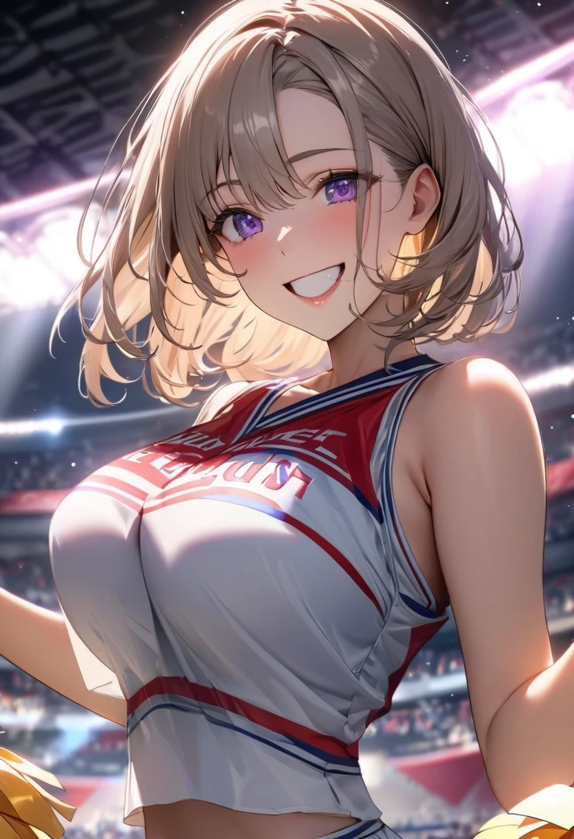 (masterpiece:1.3), (8K、best quality:1.4), (Best image quality, Intricate details, high resolution, Depth field, Natural light, Professional lighting), (1 girl), (Solitary), (Asian Girls, Very beautiful 18 year old comic girl), (Very beautiful woman、A charming and beautiful woman, 美しい銀髪のBob Cooter, 強い青いEye, 強いEyeのハイライト, Large breasts, Perfect anatomical structure, Dynamic Lighting, Lip Gloss), A beautiful face with perfect symmetry, Beautiful and delicate woman, Very nice facial details, とても美しい詳細なEye, Smile at the audience, Laughing happily, Beautiful Teeth, Beautiful Teeth alignment, Very detailed, Very detailed, Beautiful Teeth, Beautiful Teeth alignment, Very detailed, Very detailed, ((Detailed cheerleader:1.2)), The light shines on your face, ((Dynamic poses)), Bob Cooter, Cross Bangs, Asymmetrical bangs, Long Neck, Let me see your ears, disappear'Eye, Eyelash, Lovely, Large breasts、very beautiful and big, Very beautiful breast shape, Beautiful cleavage, Tall supermodel, Long-legged supermodel, 超级名模Dress up as a cheerleader, Strike a pose, Dress up as a cheerleader, woman closeup, to the camera, laughter, (Cheerleading costumes), ((scarf, Open-front sleeveless shirt, Flared skirt, mini skirt)), Young slim gravure idol, Young gravure idol, Young gravure idol, Stadium background during daytime