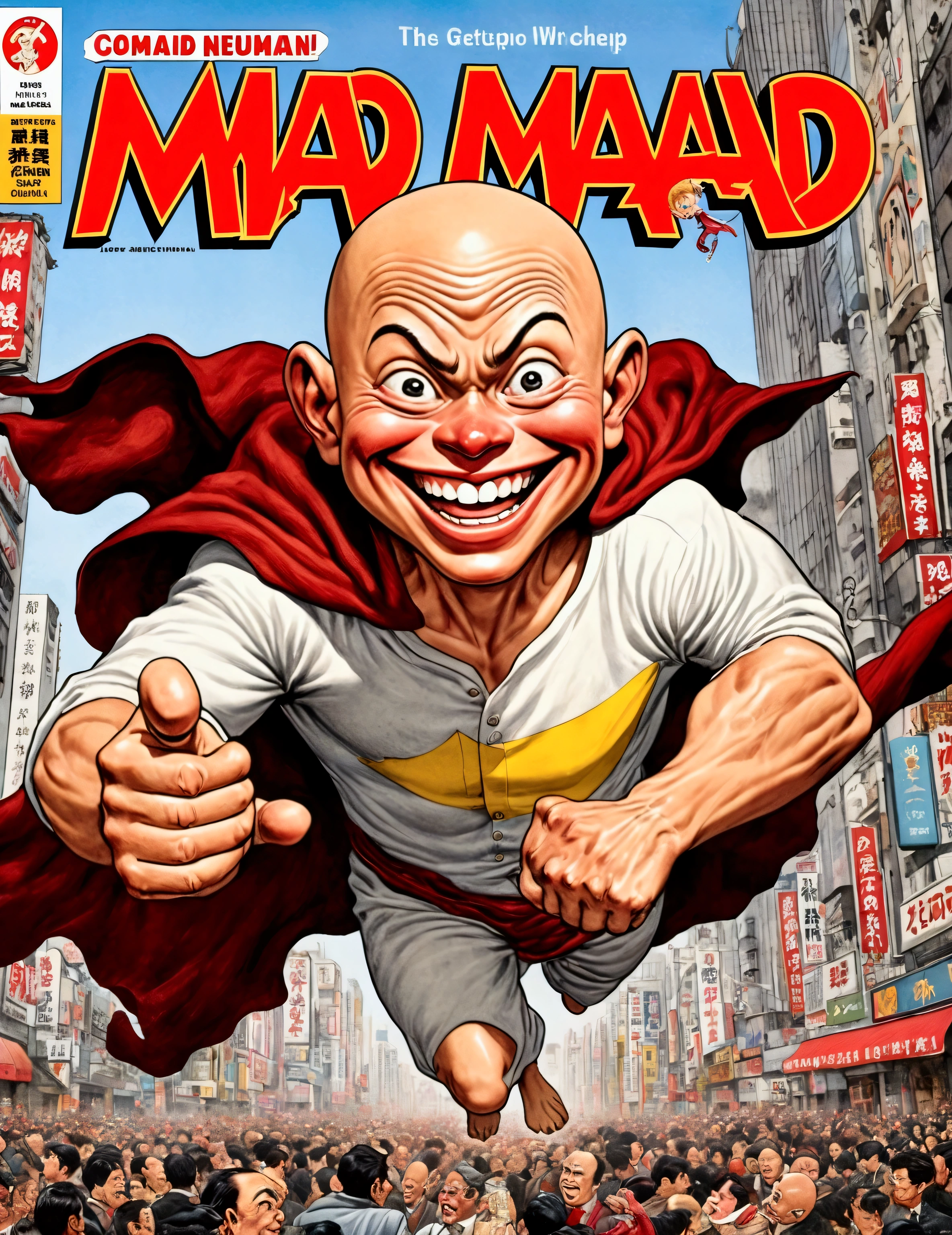 (Mad Magazine cover) (A muscular bald man with a wide grin, a classic Alfred E. Neuman face, classic Saitama pajama outfit with blanket cape) in a heroic one-punch pose, the bloody remains of a monster strewn across a panicked crowd in downtown Tokyo, dynamic action, cinematic lighting, digital painting, highly detailed, 8k, photorealistic, dynamic composition, dramatic atmosphere, striking colors, vibrant (title across the top MAD)