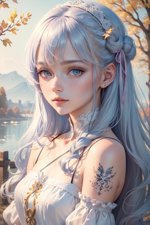 (8k, Highest quality, masterpiece:1.2),(Highest quality:1.0), (Ultra-high resolution:1.0), watercolor, Beautiful woman, shoulder, Hair Ribbon, Agnes Cecil、Silver Hair、Eyes the same color as hair, Half Body Portrait, Very bright and luminous design, pastel colour, (ink:1.3), Autumn Light,