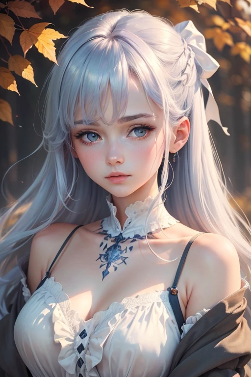 (8k, Highest quality, masterpiece:1.2),(Highest quality:1.0), (Ultra-high resolution:1.0), watercolor, Beautiful woman, shoulder, Hair Ribbon, Agnes Cecil、Silver Hair、Eyes the same color as hair, Half Body Portrait, Very bright and luminous design, pastel colour, (ink:1.3), Autumn Light,