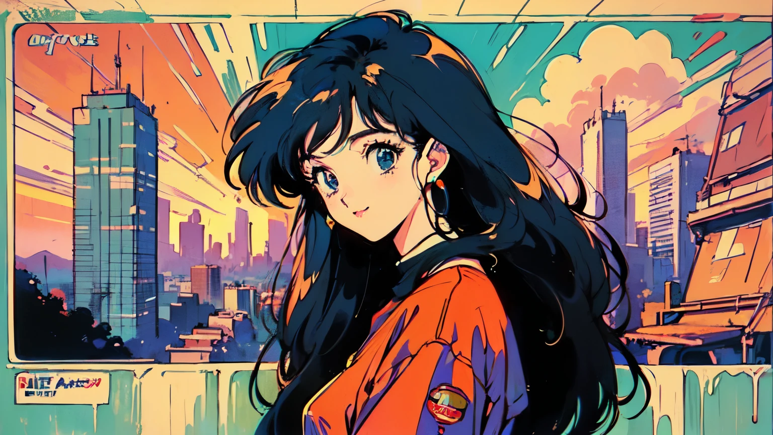 (80's, Retro, City Pop Poster:1.5), (Album cover), (masterpiece, Highest quality, Intricate details), (anime, figure), (pastel colour:1.3), Best Photo Poses, Dynamic Angle, girl, alone, smile, A perfect eye for detail, Delicate face, City scene, City of night, Tokyo, High Fashion,