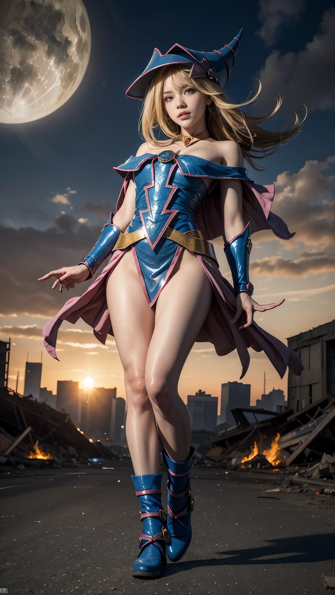 (Giantess element, high resolution, high resolution, high quality, accurate body structure, detailed body), focus on girl,
BREAK,
(Black Magician Girl:1.3),sexy, combat uniform, girl, looking up at approaching woman from below, cute, girl destroying small town, mischievous expression, white skin, smiling, trampling, walking, anatomically correct, accurate human body, accurate skeleton, full body portrait, beam from girl's hand, shock wave from girl's hand, magic,
BREAK,
destroying small town, rubble, burning small town, destroyed small building, collapsed highway, car being crushed, evacuation of residents, sunset, burning small town, rubble scattered at feet, taller than skyscrapers, increase destructive element, make city smaller,
BREAK,
blue eyes, monster, dragon flying in the sky, dragon in background, (Blue Eyes White Dragon),