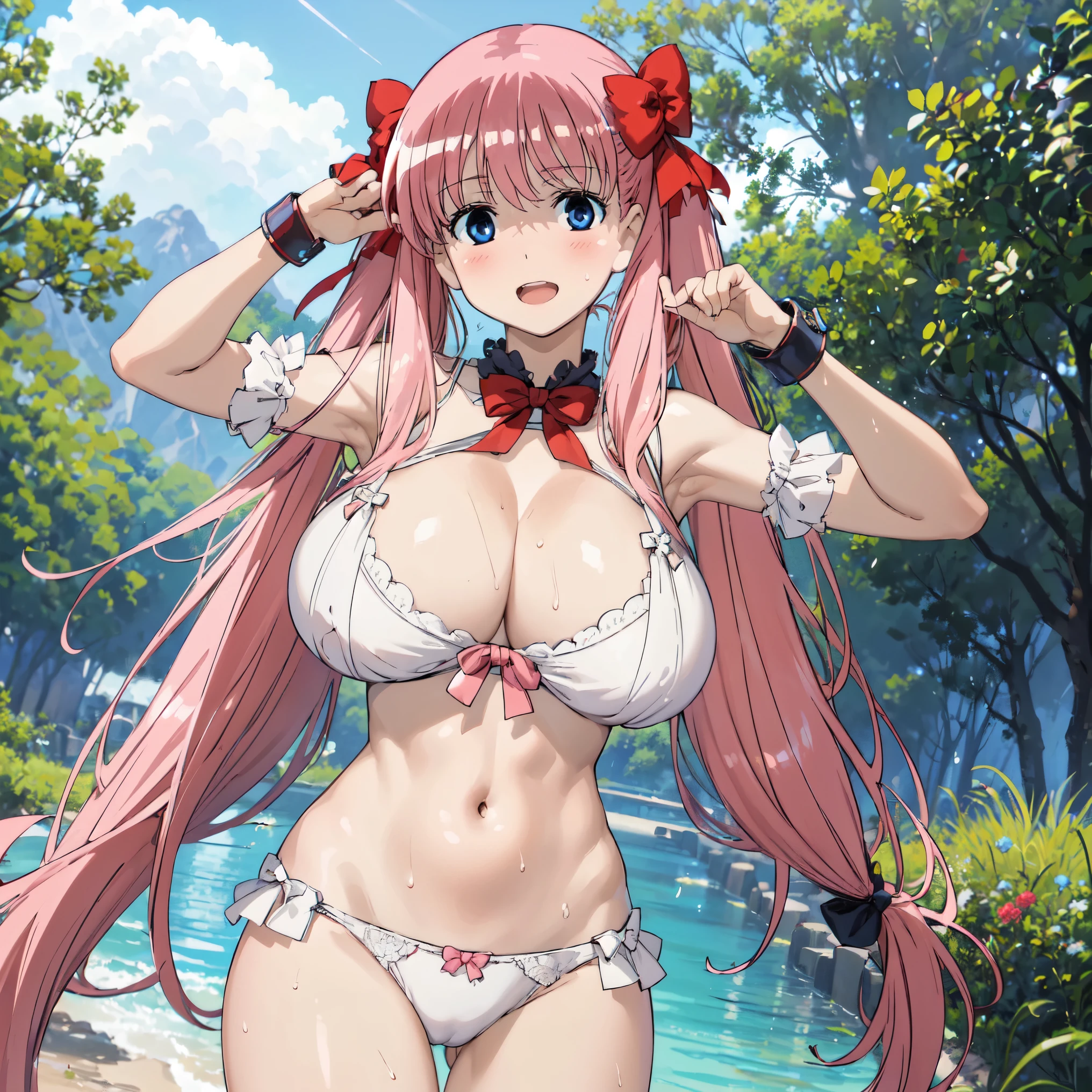 1women, ((huge tits)), bra, panties, outdoor, river, hands up, wet skin, ((busty)), pink hair, blue eyes, twintail hair, open mouth, hair ribbon, view at camera, upperbody, smile, closed eyes, blush face
