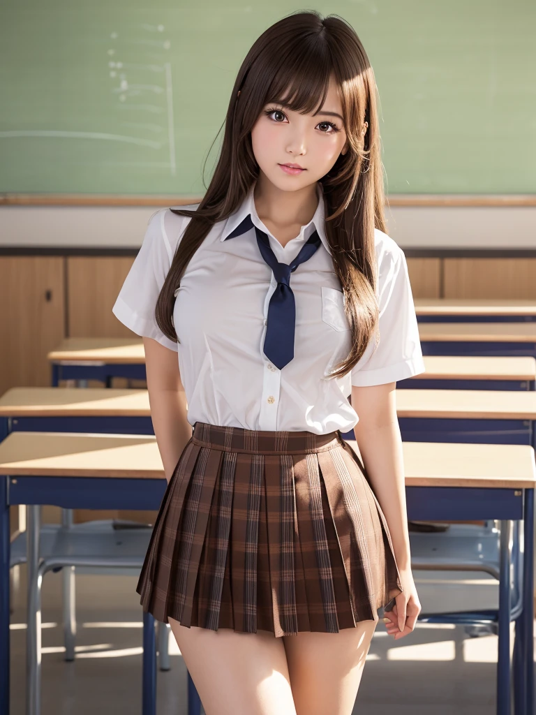 Product quality,1 girl,Cowboy Shot,Front view,Young and pretty girl in Japan,Daytime, ((High school classroom:1.2)),Schoolgirl uniform,blazer,wear,wear a super short blue plaid pleated micro mini skirt,No underwear,Very cute face,Glossy Lips,Double eyelids on both eyes,(Natural Makeup),shiny smooth light brown long hair,,,Asymmetrical bangs,Center image,8k resolution,Attention to detail,Detailed hairstyle,Detailed face,Cinema Lighting,Octane Rendering,Ultra-realistic,Perfect limbs,Beautiful legs,Voluptuous thighs,Huge breasts,Perfect Anatomy,Spread your legs,((Provocative dynamic pose)),Skirt flip, Pricing Caution,(Spreading pussy:1.5)