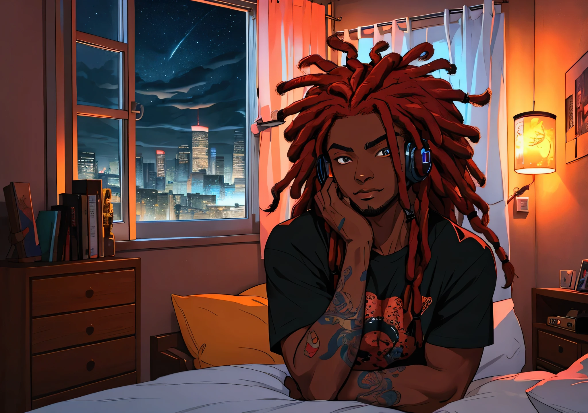 vintage anime t-shirt design, um homem afro-americano com dreadlock, a pair of headphones, in your room facing the window, looking at the dark night, illuminated by city LEDs, (extremely detailed face and body), swirly vibrant colors, (portraite), red color tone, dramatic lighting, (best qualityer, ultra detali, highres), realisitic, the bedroom window shows the night.