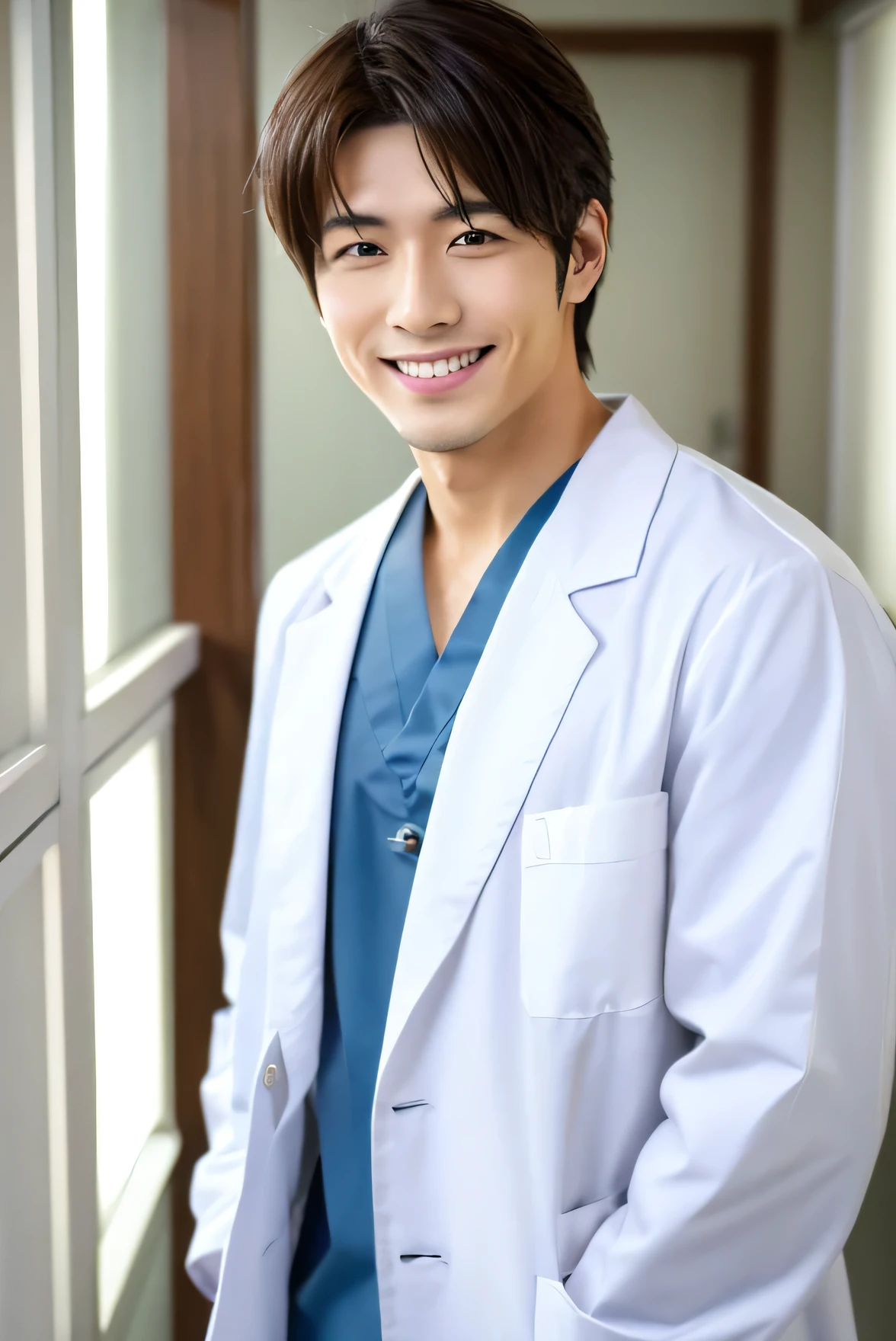 Photorealistic, high resolution, High resolution,Japanese male nurse, Handsome, Idol, Smile, White Lab Coat, Upper Body, hospital, ward