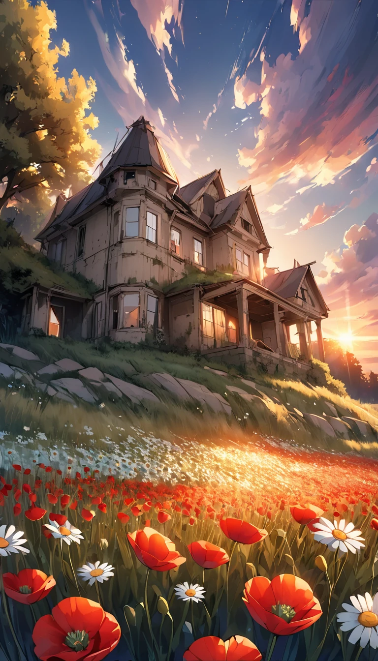 Create an exquisite image of a beautiful field of poppies with daisies, an abandoned country house in the distance sun setting....