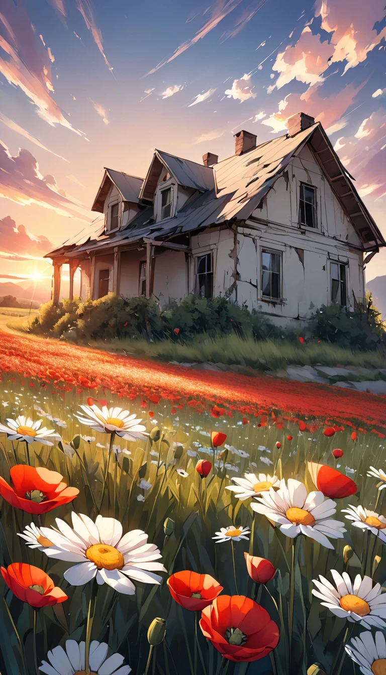 Create an exquisite image of a beautiful field of poppies with daisies, an abandoned country house in the distance sun setting....