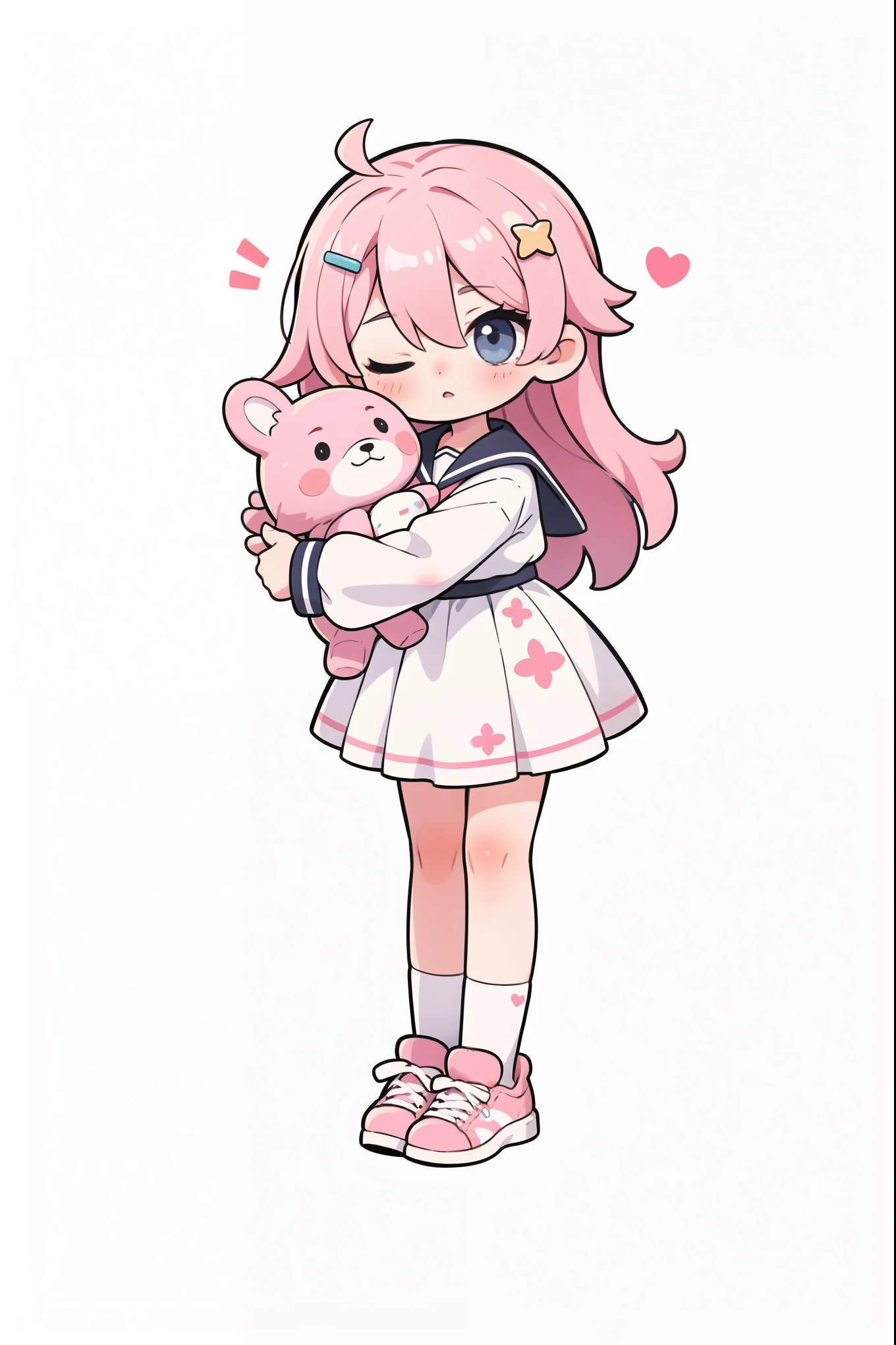 QBJS,Q-version character,1girl,solo,pink hair,white background,socks,one eye closed,shoes,long hair,chibi,sailor collar,very long hair,blush,long sleeves,full body,ahoge,bangs,star \(symbol\),hair ornament,pink footwear,skirt,stuffed toy,simple background,white socks,stuffed animal,pleated skirt,white dress,object hug,looking at viewer,hairclip,white skirt,hair between eyes,shirt,jacket,white shirt,open clothes,