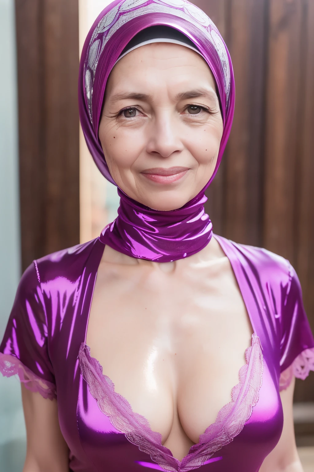 Milf Bitch, ((Lace V-neck ice silk suspender nightdress)), Straddling, ((Naked Colourfull)), ((Old Lady :1.7)), (((VERY SHINY SKIN))), Very cute like a Matured Lady, ((Stylish Hijab)), adorable, 2 girl, 55 years old, baby face, shy, half body portrait,smile, (face details: 1), (eye details: 1), ((round large breasts, cleavage)). Cute posed. proportional body. Ultra High Res. (realistic: 2), UHD, ((SHINY SKIN :1.5)), ((Floral Pattern)).