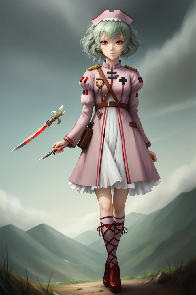 Field Medic Woman, masterpiece, high quality, Game character design, Anime illustration style, simple flat background, (Little:0.9), whole body, Diagonal angle, View your viewers, Dynamic pose, Holding a dagger, Text only,