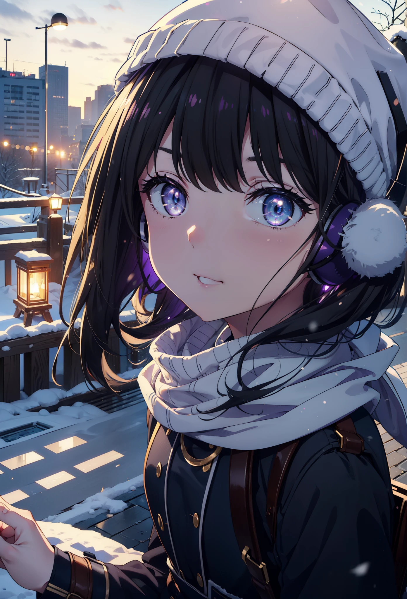 Takiuchikami,Long Hair, bangs, Black Hair, (Purple eyes:1.2),happy smile, smile, Open your mouth,Knitted hat,Earmuffs,Blue oversized coat,White scarf,Long skirt,Black pantyhose,short boots,snowが積もっている,snowが降っている,winter,Cold Sky,night,moonlight,snow,snow,snow,snow,whole bodyがイラストに入るように,Walking,
break looking at viewer, whole body,
break outdoors, city,construction area,
break (masterpiece:1.2), highest qualそれy, High resolution, unそれy 8k wallpaper, (shape:0.8), (Beautiful and beautiful eyes:1.6), Highly detailed face, Perfect lighting, Extremely detailed CG, (Perfect hands, Perfect Anatomy),