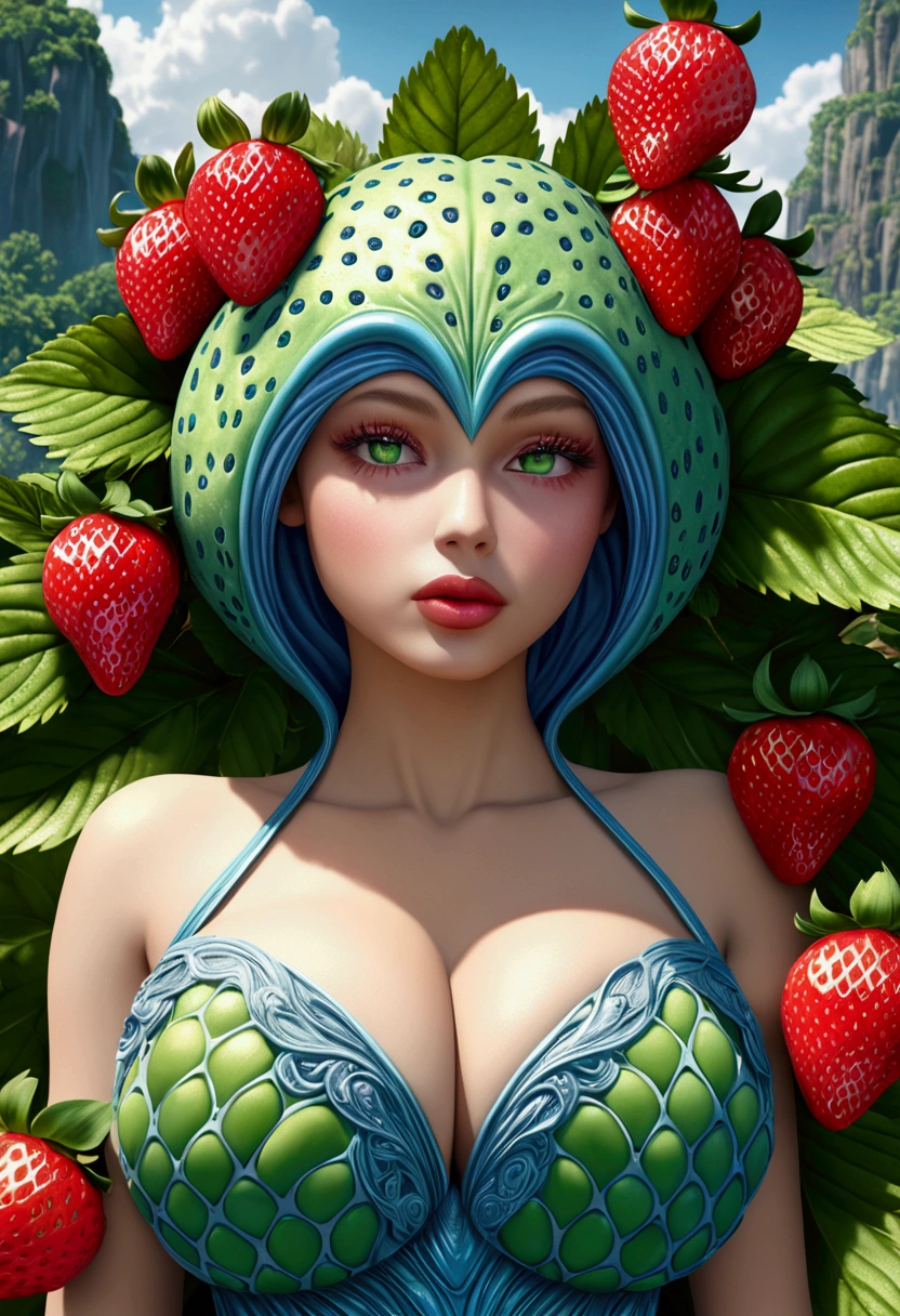 a beautiful strawberry alien with Strawberry-like Chest, wearing a cute dress, extremely detailed face, beautiful eyes, long eyelashes, detailed lips, highly realistic, 8k, masterpiece, photorealistic, intricate details, vivid colors, digital art, ethereal, fantasy, surreal,giga_busty