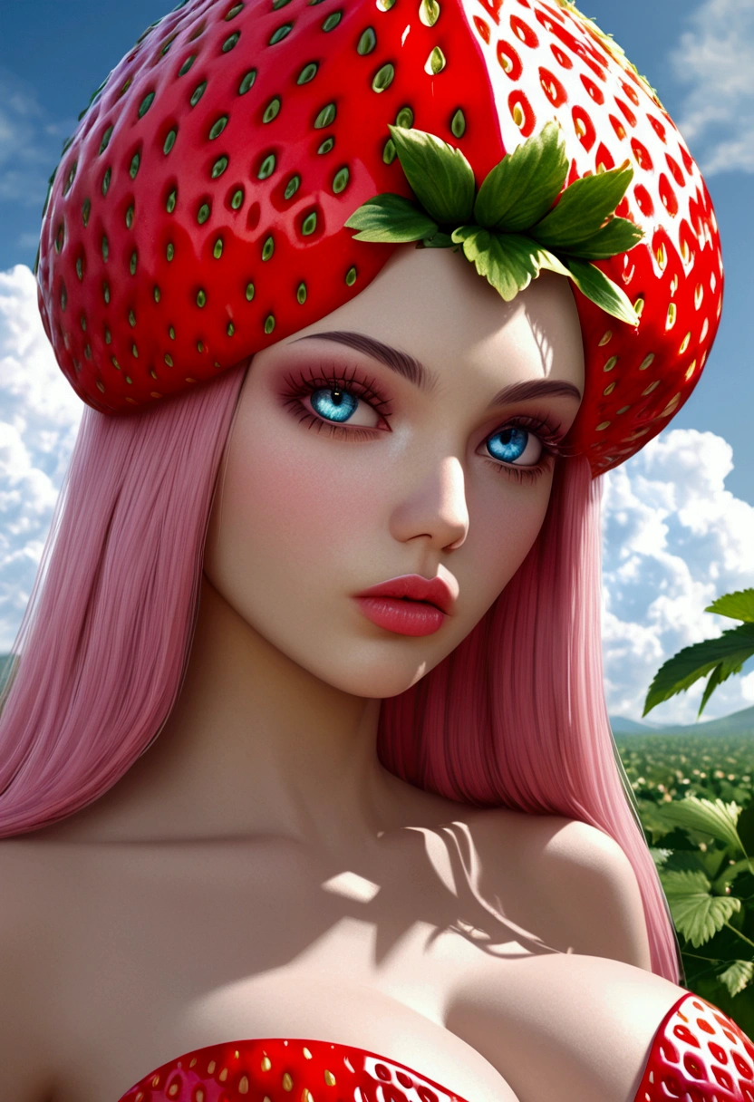 a beautiful strawberry alien with Strawberry-like Chest, wearing a cute dress, extremely detailed face, beautiful eyes, long eyelashes, detailed lips, highly realistic, 8k, masterpiece, photorealistic, intricate details, vivid colors, digital art, ethereal, fantasy, surreal,giga_busty