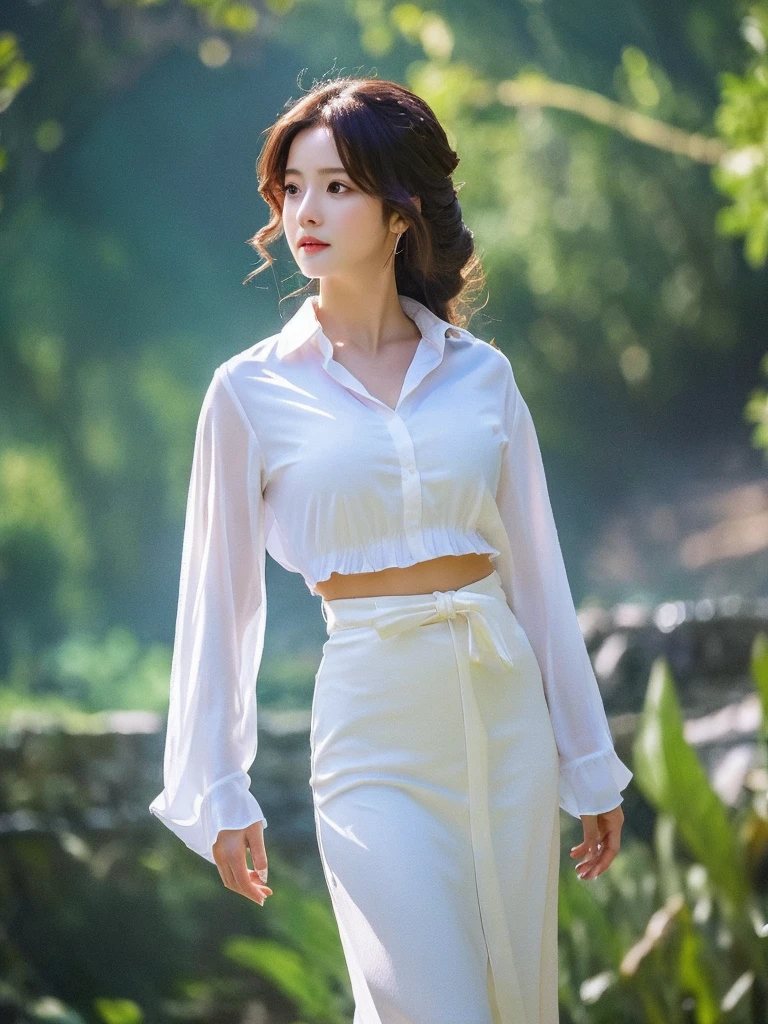 Highest quality　masterpiece　A pretty woman is standing in a white shirt　Stylish　whole body　Photo style　Fantasy