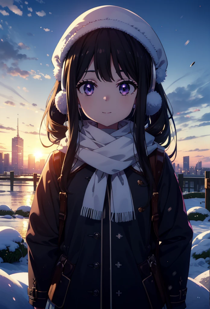 Takiuchikami,Long Hair, bangs, Black Hair, (Purple eyes:1.2),happy smile, smile, Open your mouth,Knitted hat,Earmuffs,Blue oversized coat,White scarf,Long skirt,Black pantyhose,short boots,snowが積もっている,snowが降っている,winter,Cold Sky,night,moonlight,snow,snow,snow,snow,whole bodyがイラストに入るように,Walking,
break looking at viewer, whole body, 
break outdoors, city,construction area,
break (masterpiece:1.2), highest qualそれy, High resolution, unそれy 8k wallpaper, (shape:0.8), (Beautiful and beautiful eyes:1.6), Highly detailed face, Perfect lighting, Extremely detailed CG, (Perfect hands, Perfect Anatomy),