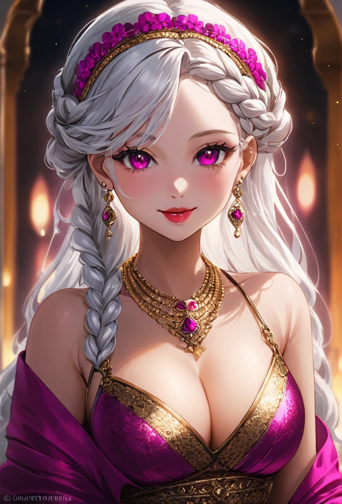 A beautiful young woman, 1girl, hourglass figure, seductive pose, shear dress, silky white hair braid, heavy silver jhumka earrings, necklace, anklet, cleavage, detailed face with stunning magenta eyes, full lips, flawless makeup, dark cinematic lighting, dramatic photorealistic effect, masterpiece-level 8K rendering, ultra-detailed, realistic, photo-realistic, HDR, UHD, studio lighting, ultra-fine painting, sharp focus, physically-based rendering, extreme detail description, professional, vivid colors, bokeh, smiling, full body view, bangles,hair accessories