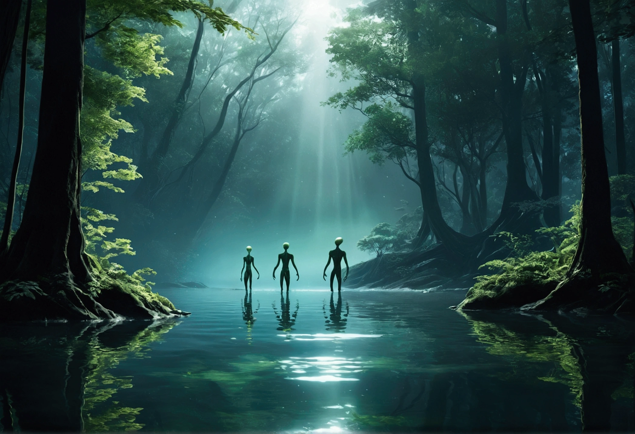 Movie effect,high-resolution details,HD wallpaper,offcial art,((Translucent aliens)),The body glows,Walk on the water and think,Forest Weed,Light and shadow effect,breathtaking scene,close up shot