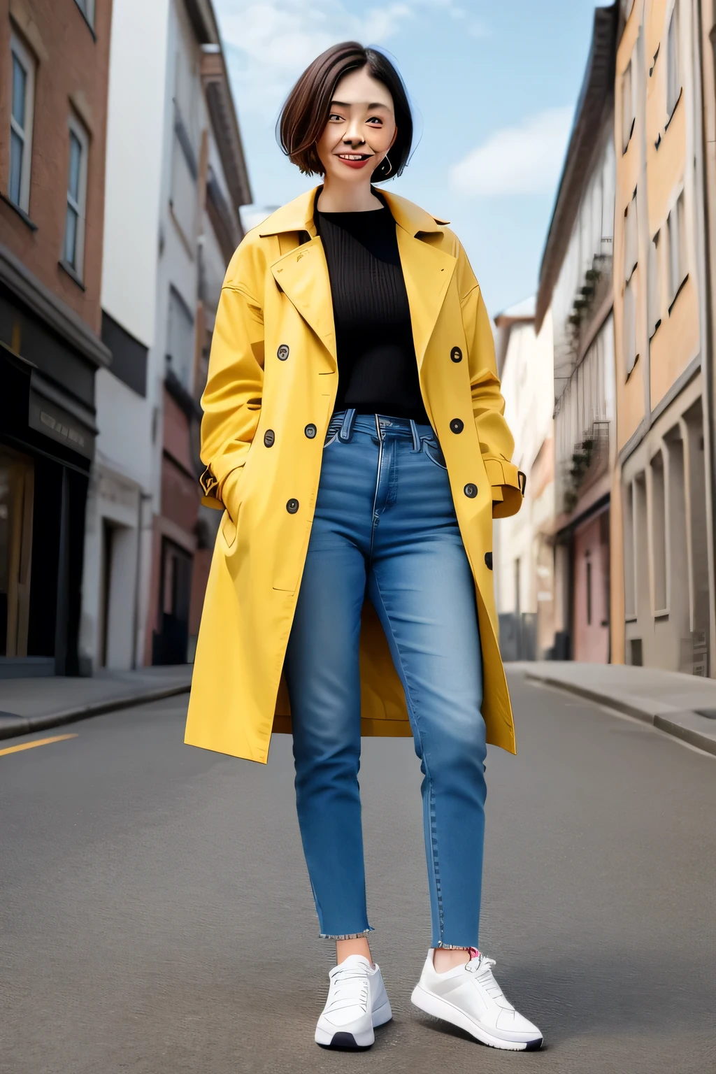 Standing woman、Full body photo、Short Haircut、Ear piercing、smile、trench coat、Skinny jeans、sneakers、The background is the building's passageway