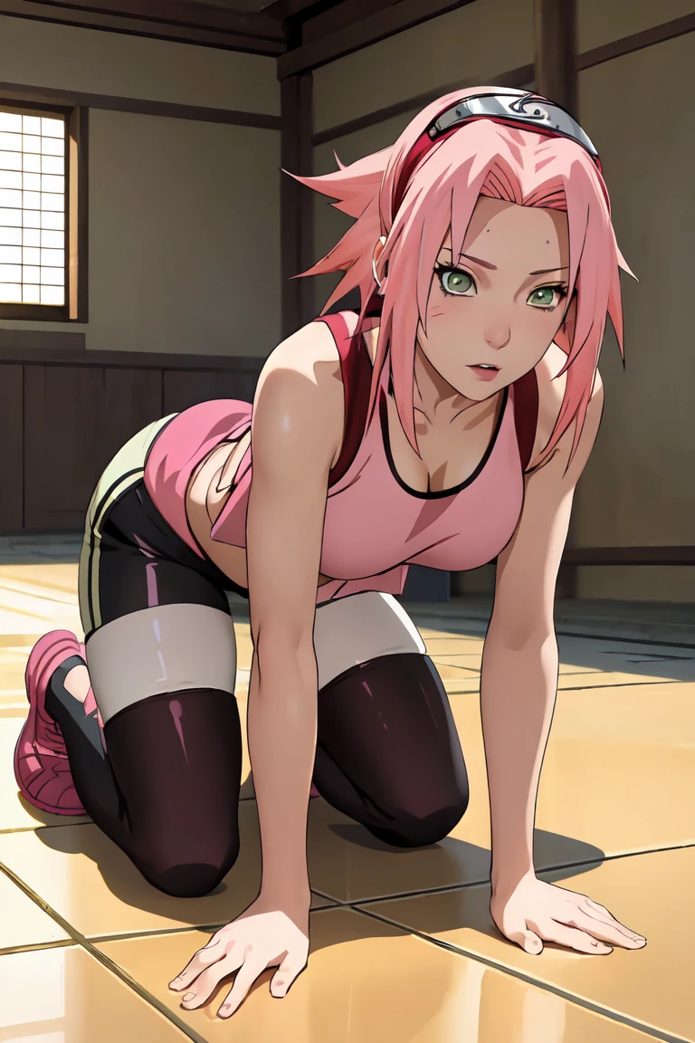 masterpiece,stunning realistic,best quality,sharpness,1 girl,sakura haruno,green eyes,pink hair,middle large ,sexy body,all fours,wodden floor,red in the face,half body,tanktop,leggins shorts