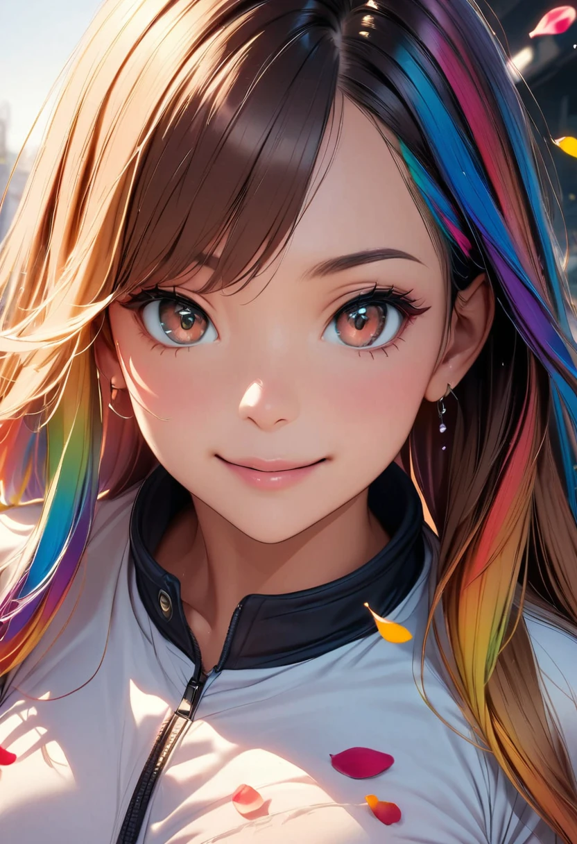 Highest quality, Great quality, 16K, Unbelievably absurd, Very detailed, delicate and dynamic, Natural light, The particles reflect light, Diffuse reflection of light, Many rainbow-colored petals fall, Sparkling Sun, Diffuse reflection of light, Create amazing image effects, anime style:0.9, photorealistic, Bright colors, Depth of the bounds written, blurred background, alone, 1 girl, ( long hair, asymmetrical bangs, dark brown eyes), beautiful face details, beautiful eyes, long eyelashes, soft lips, (small face), smile, open your legs, squat, spread legs, upper glance, from above