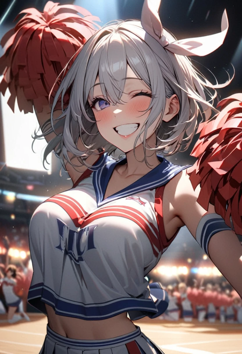 (masterpiece:1.3), (8K、best quality:1.4), (Best image quality, Intricate details, high resolution, Depth field, Natural light, Professional lighting), (1 girl), (Solitary), (Asian Girls, Very beautiful 18 year old comic girl), (Very beautiful woman、A charming and beautiful woman, 美しい銀髪のBob Cooter, 強い青いEye, 強いEyeのハイライト, Large breasts, Perfect anatomical structure, Dynamic Lighting, Lip Gloss), A beautiful face with perfect symmetry, Beautiful and delicate woman, Very nice facial details, とても美しい詳細なEye, Smile at the audience, Laughing happily, Beautiful Teeth, Beautiful Teeth alignment, Very detailed, Very detailed, Beautiful Teeth, Beautiful Teeth alignment, Very detailed, Very detailed, ((Detailed cheerleader:1.2)), The light shines on your face, ((Dynamic poses)), Bob Cooter, Cross Bangs, Asymmetrical bangs, Long Neck, Let me see your ears, disappear'Eye, Eyelash, Lovely, Large breasts、very beautiful and big, Very beautiful breast shape, Beautiful cleavage, Tall supermodel, Long-legged supermodel, 超级名模Dress up as a cheerleader, Strike a pose, Dress up as a cheerleader, woman closeup, to the camera, laughter, (Cheerleading costumes), ((scarf, Open-front sleeveless shirt, Flared skirt, mini skirt)), Young slim gravure idol, Young gravure idol, Young gravure idol, Stadium background during daytime