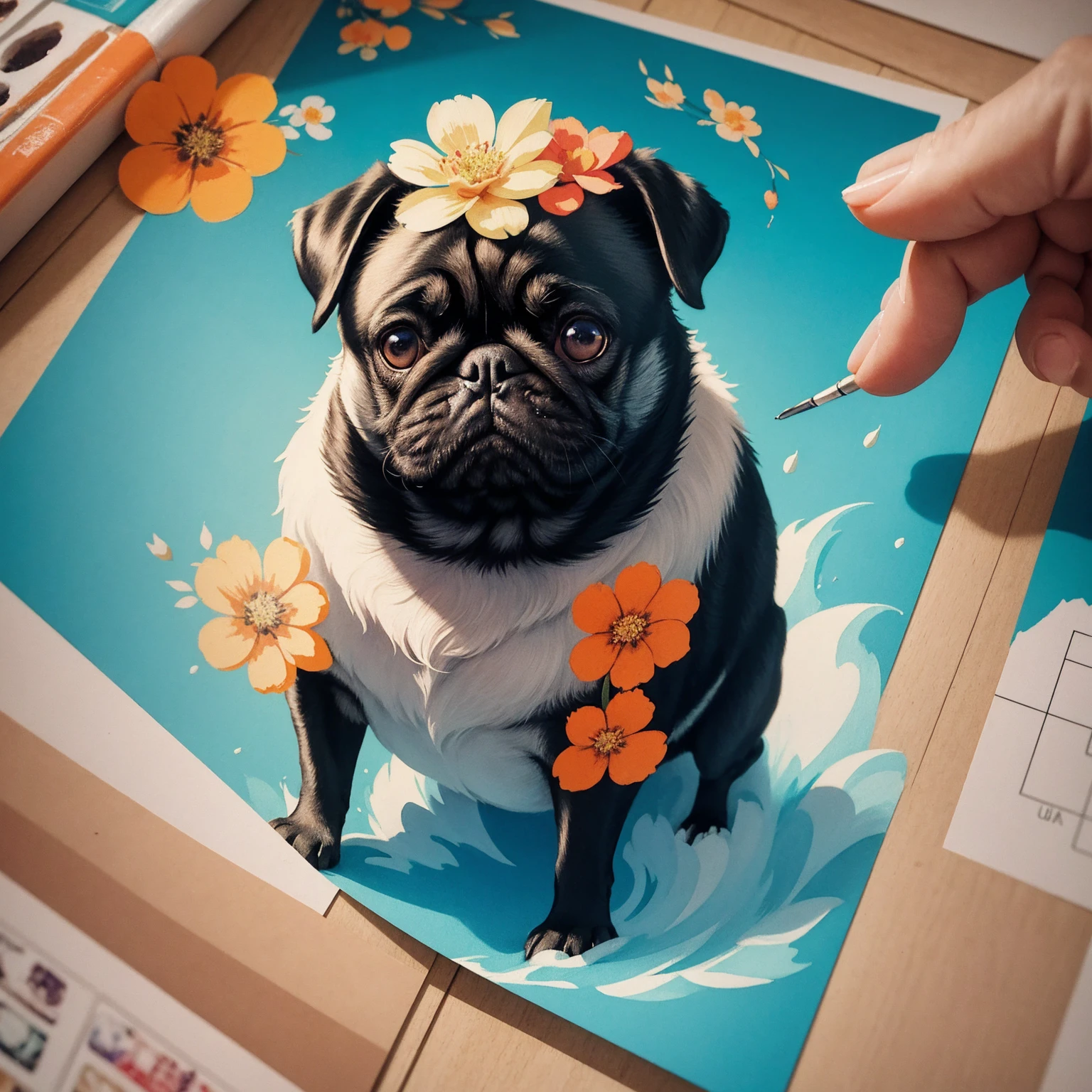 STICKER, A detailed illustration a print of vivid cute Black Pug head, fantasy flowers splash, vintage t-shirt design, in the style of Studio Ghibli, white and orange flora pastel tetradic colors, 3D vector art, cute and quirky, fantasy art, watercolor effect, bokeh, Adobe Illustrator, hand-drawn, digital painting, low-poly, soft lighting, bird's-eye view, isometric style, retro aesthetic, focused on the character, 4K resolution, photorealistic rendering, using Cinema 4D