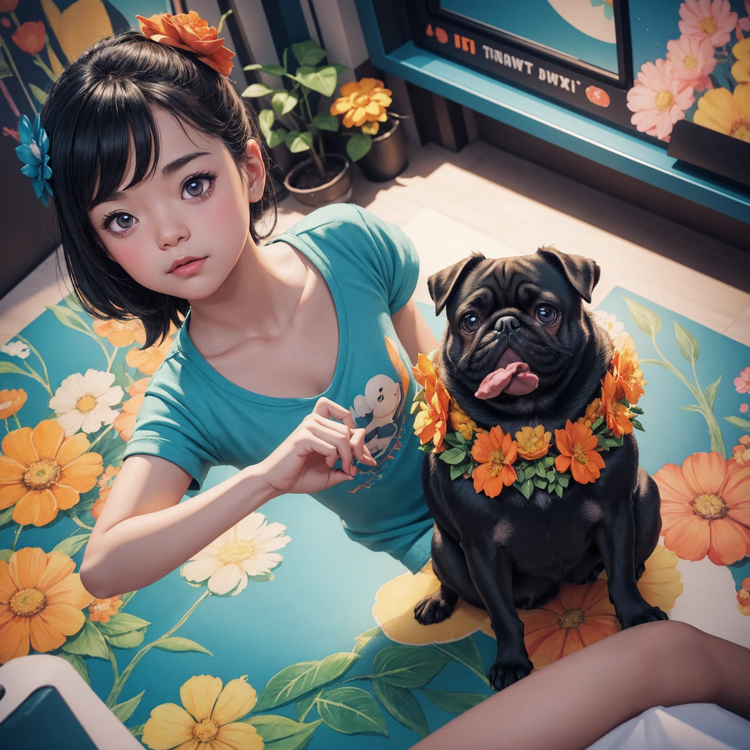 STICKER, A detailed illustration a print of vivid cute Black Pug head, fantasy flowers splash, vintage t-shirt design, in the style of Studio Ghibli, white and orange flora pastel tetradic colors, 3D vector art, cute and quirky, fantasy art, watercolor effect, bokeh, Adobe Illustrator, hand-drawn, digital painting, low-poly, soft lighting, bird's-eye view, isometric style, retro aesthetic, focused on the character, 4K resolution, photorealistic rendering, using Cinema 4D