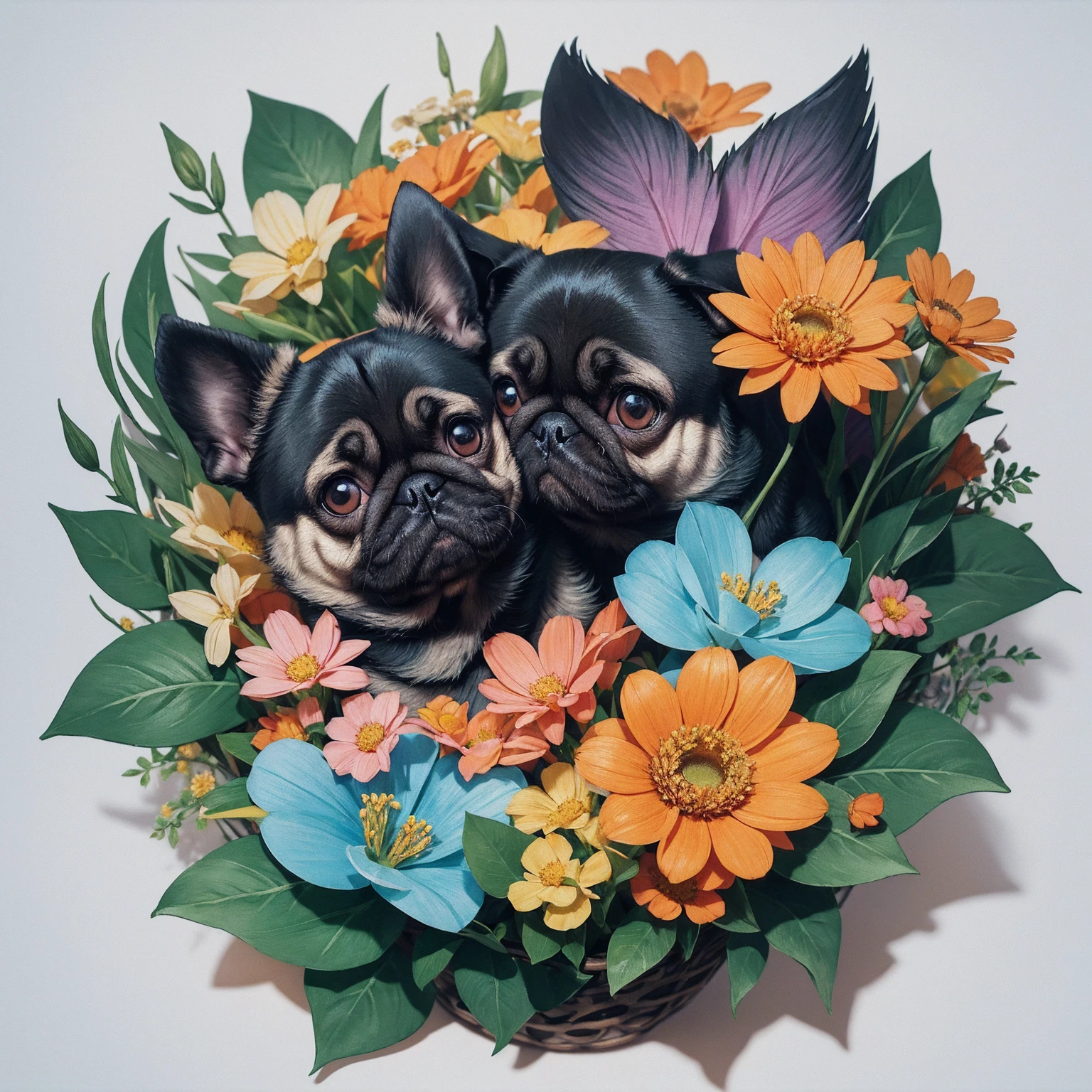 STICKER, A detailed illustration a print of vivid cute Black Pug head, fantasy flowers splash, vintage t-shirt design, in the style of Studio Ghibli, white and orange flora pastel tetradic colors, 3D vector art, cute and quirky, fantasy art, watercolor effect, bokeh, Adobe Illustrator, hand-drawn, digital painting, low-poly, soft lighting, bird's-eye view, isometric style, retro aesthetic, focused on the character, 4K resolution, photorealistic rendering, using Cinema 4D
