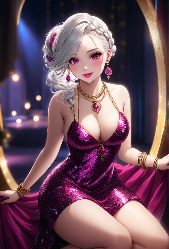 A beautiful young woman, 1girl, hourglass figure, seductive pose, mini sequin dress, silky white hair braid, heavy silver jhumka earrings, necklace, anklet, cleavage, detailed face with stunning magenta eyes, full lips, flawless makeup, dark cinematic lighting, dramatic photorealistic effect, masterpiece-level 8K rendering, ultra-detailed, realistic, photo-realistic, HDR, UHD, studio lighting, ultra-fine painting, sharp focus, physically-based rendering, extreme detail description, professional, vivid colors, bokeh, smiling, full body view, bangles,hair accessories ,bare legs
