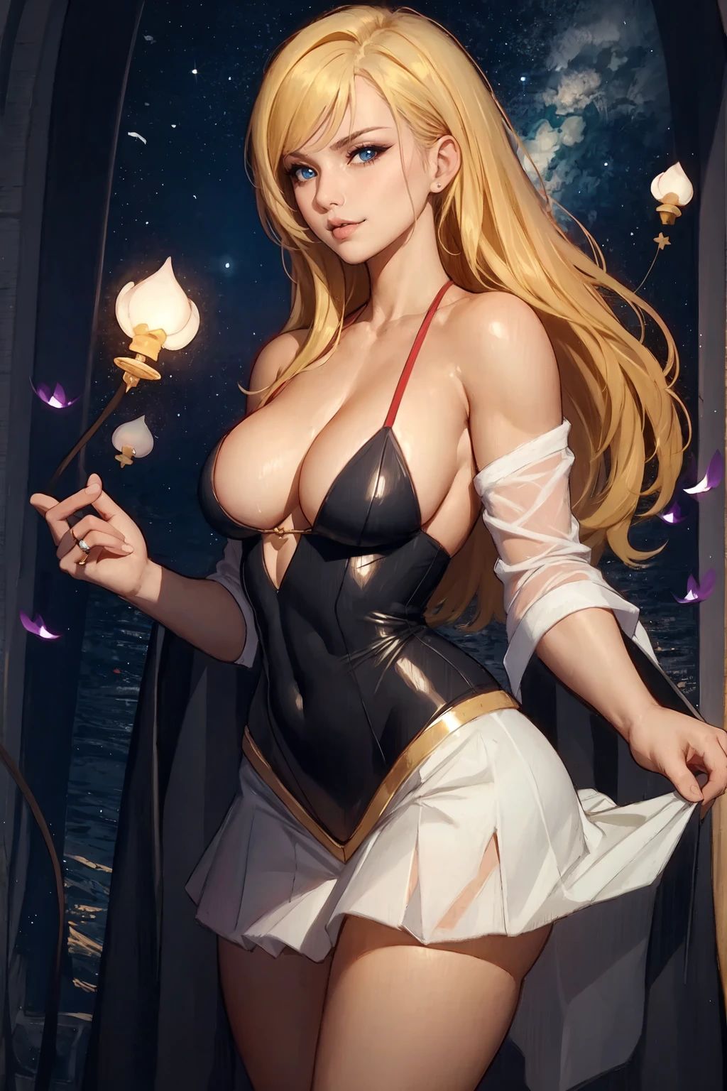 masterpiece, best quality, Julia Fey, 1 Girl, Solitary, Long hair, Looking at the audience, blush, Smile, Negative Space, (Bioluminescence:1.2), dark, Dark background, Long sleeve, skirt, Bare shoulders, Medium breasts, very Long hair, Wide sleeves, cape, white skirt, ring