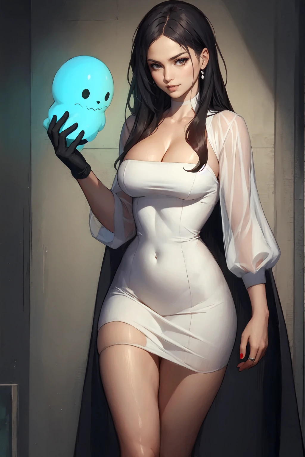 masterpiece, best quality, Julia Fey, 1 Girl, Solitary, Long hair, Looking at the audience, blush, Smile, Negative Space, (Bioluminescence:1.2), dark, Dark background, Long sleeve, skirt, Bare shoulders, Medium breasts, very Long hair, Wide sleeves, cape, white skirt, ring