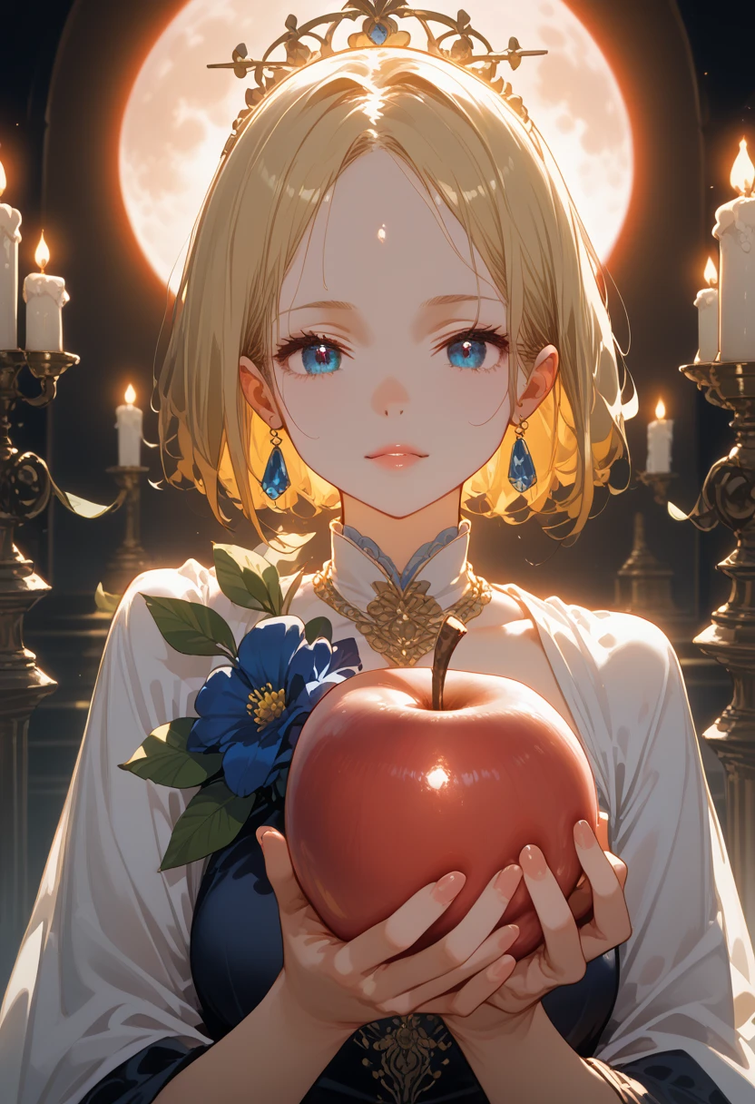Girl 1,flower,USA,moon,score_9,score_8_up,score_7_up,cinematic film still,low light,darkness,Shine,Beautiful Shapes,beautiful,Crisp details and colors,a mystic, Candles are burning near her,pensive,masterpiece,Detailed drawing,Holding an apple in one hand,Small Details to the Maximum,bright colors,The perfect work of art,Like a goddess,4K wallpaper,ultra detail,full scale