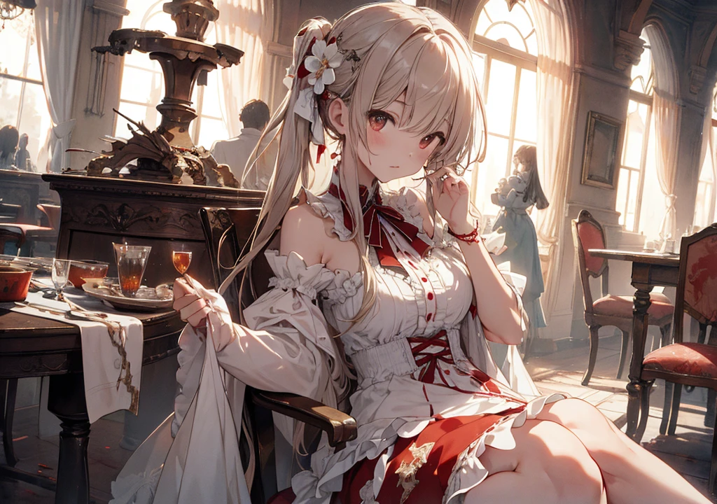 Realistic photos, Focus distance 10mm, Red and white, Beautiful girl, Realistic photos, Shooting at focus distance 10mm, masterpiece, 最high quality, high quality, Very detailed CG 8k wallpaper unit, Award-winning photography, Depth of written boundary, High resolution, bloom, chromatic aberration, Realistic, Very detailed, Art Station Trends, CGsociety Trends, Complex, High detail, dramatic, Art on the go, volumetric lighting, a beautiful girl is tied to the altar, with burning candles and writing written in blood all around her, The dining room of an abandoned mansion - the sound of creaking chairs, the ominous swing of a broken chandelier, and the whispers of ghosts in the distance