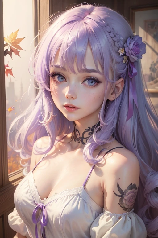 (8k, Highest quality, masterpiece:1.2),(Highest quality:1.0), (Ultra-high resolution:1.0), watercolor, Beautiful woman, shoulder, Hair Ribbon, Agnes Cecil、Light purple hair color、Eyes the same color as hair, Half Body Portrait, Very bright and luminous design, pastel colour, (ink:1.3), Autumn Light,