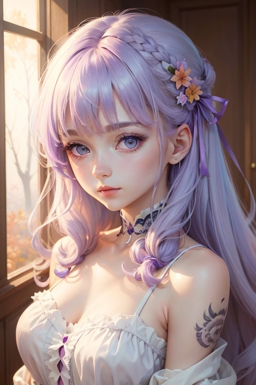 (8k, Highest quality, masterpiece:1.2),(Highest quality:1.0), (Ultra-high resolution:1.0), watercolor, Beautiful woman, shoulder, Hair Ribbon, Agnes Cecil、Light purple hair color、Eyes the same color as hair, Half Body Portrait, Very bright and luminous design, pastel colour, (ink:1.3), Autumn Light,