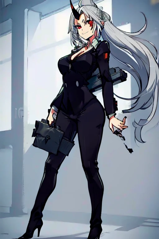 female, silver long hair, red eyes, (((1girl))), (((red business suit))), (black dress shirt), (black heels), (black necklace), cute and sexy, full body, large breasts, large butt, long legs, smiling, standing