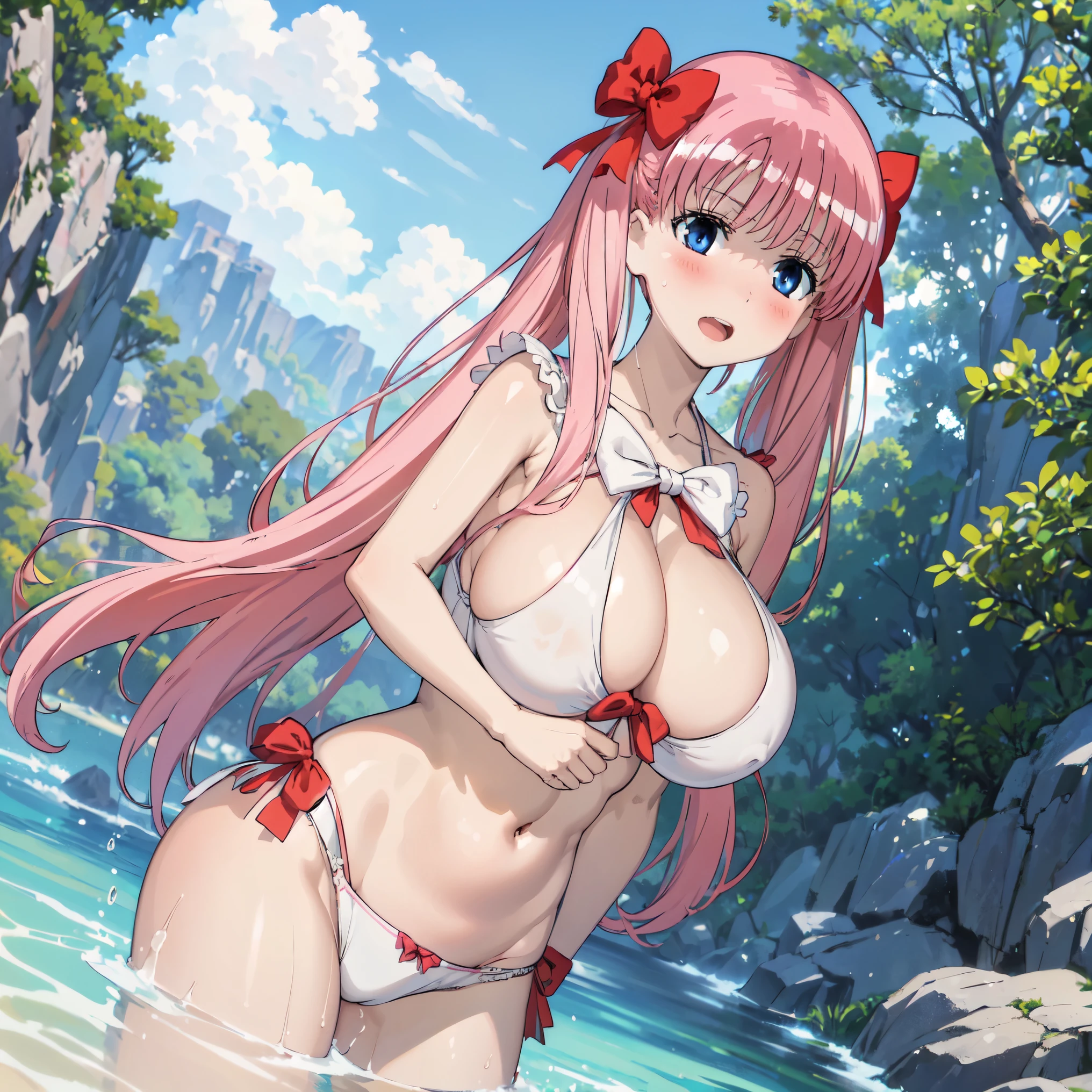 1women, ((huge tits)), bra, panties, outdoor, river, wet skin, ((busty)), pink hair, blue eyes, twintail hair, open mouth, hair ribbon, view at camera, upperbody, smile, closed eyes, blush face