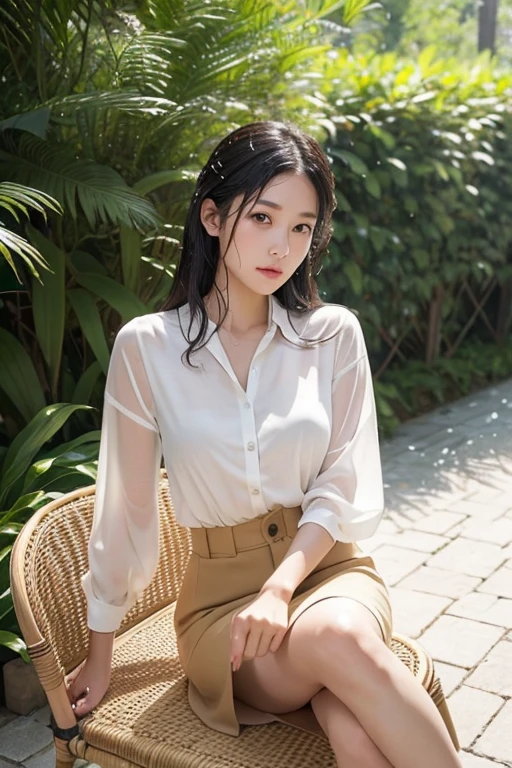 Very beautiful Japanese woman、Around 20 years old、layered cut、Sitting on a wicker chair、((Crossing your legs))、Scornful expression、((My skin is shining with sweat))、((My blouse is also wet with sweat.))、The breeze is stirring my hair、stylish、A stylish white blouse and a short beige skirt、Afternoon terrace of a French mansion、The sunlight illuminates the surrounding landscape in pure white.、french movie style、Professional photos with attention to detail、Photorealistic、Highest quality