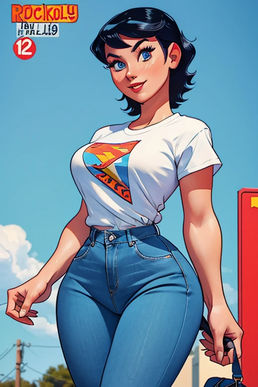 clara kent, gorgeous, sexy, dressed in rocakabilly style tight jeans hair tied, tshirt, 1950's pinup art, hi-res, high quality, detailed, calendar girl,