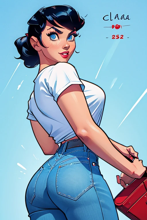 clara kent, gorgeous, sexy, dressed in rocakabilly style tight jeans hair tied, tshirt, 1950's pinup art, hi-res, high quality, detailed, calendar girl,