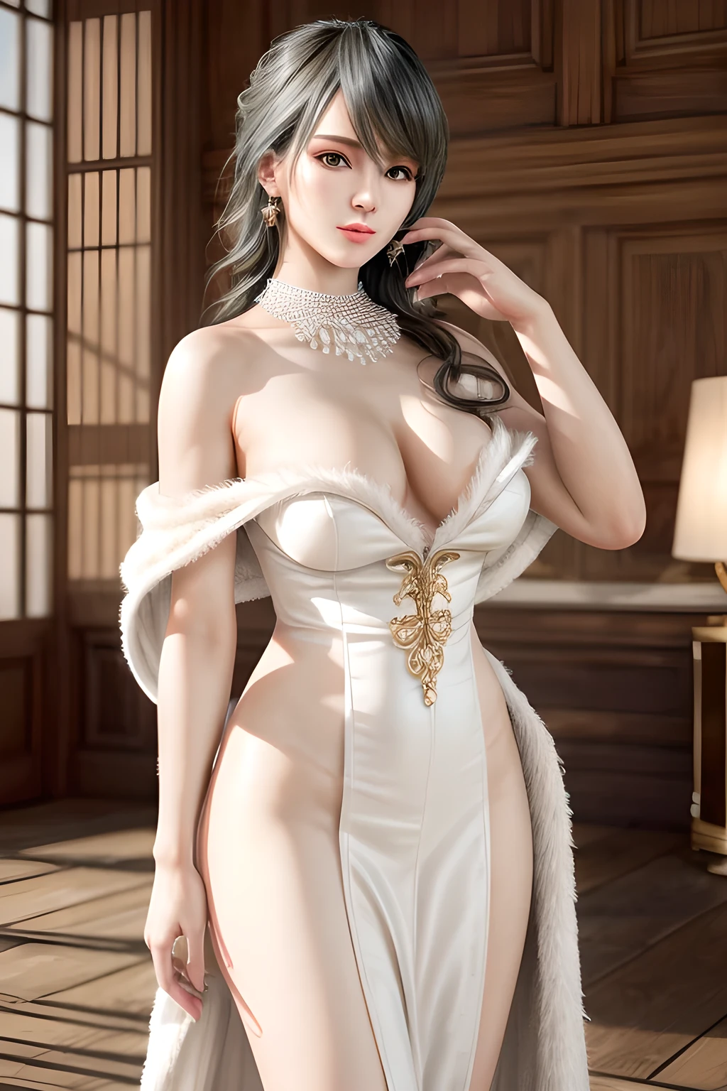 A lady with extraordinary temperament, she stands in a modern indoor space, as if she is a model from a fashion magazine. She is wearing a (pure white long fur cape), the softness and luster of which makes her look more noble under the light, and complements her (beige dress) underneath, showing her gentle temperament while maintaining a sense of fashion. The style of the dress is simple and generous, a perfect match, and it lengthens her figure, making her tall and charming. The lady's makeup is delicate and elegant, which just highlights her facial features and makes people unforgettable at first sight. Although the earrings and necklace she wears are not ostentatious, they add a bit of sophistication and nobility to her overall look. Her hair is casually draped over her shoulders, and every strand of hair exudes a natural luster,, (best quality,8k,highres,masterpiece:1.2),ultra-detailed,(realistic,photorealistic,photo-realistic:1.37),studio lighting,ultra-fine painting,sharp focus,physically-based rendering,extreme detail description,professional,vivid colors