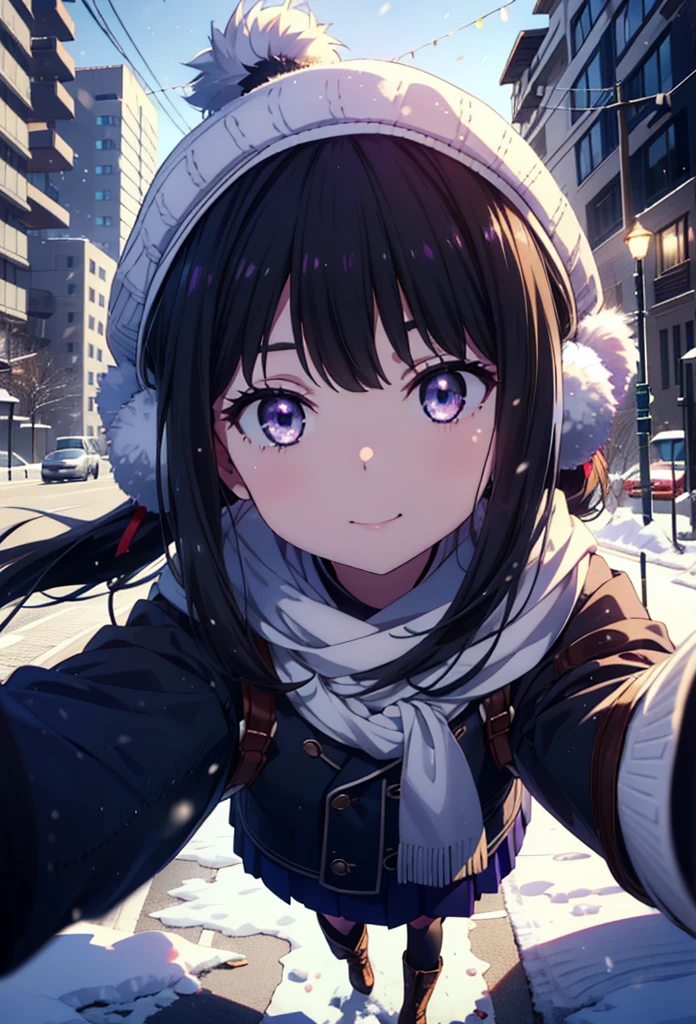 Takiuchikami,Long Hair, bangs, Black Hair, (Purple eyes:1.2),happy smile, smile, Open your mouth,Knitted hat,Earmuffs,Blue oversized coat,White scarf,Long skirt,Black pantyhose,short boots,snowが積もっている,snowが降っている,winter,Cold Sky,night,moonlight,snow,snow,snow,snow,whole bodyがイラストに入るように,Walking,
break looking at viewer, whole body,
break outdoors, city,construction area,
break (masterpiece:1.2), highest qualそれy, High resolution, unそれy 8k wallpaper, (shape:0.8), (Beautiful and beautiful eyes:1.6), Highly detailed face, Perfect lighting, Extremely detailed CG, (Perfect hands, Perfect Anatomy),