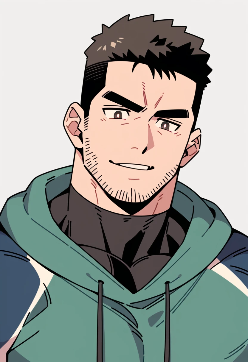 anime characters：Chris Redfield, Muscular tough guy, straight male, Buzz Cut, Manliness, male focus, Sports tight hooded sweatshirt, Wear a black high-necked tights inside, Very tight, Huge chest muscles, muscular male, muscular, only, Upper body, alone, Red short hair, Thick eyebrows, stubble, Brown-red pupils, White background, simple background, amazing quality, best aesthetics, Ridiculous, crew cut, parted lips, smirk, bright pupils, negative space, best quality