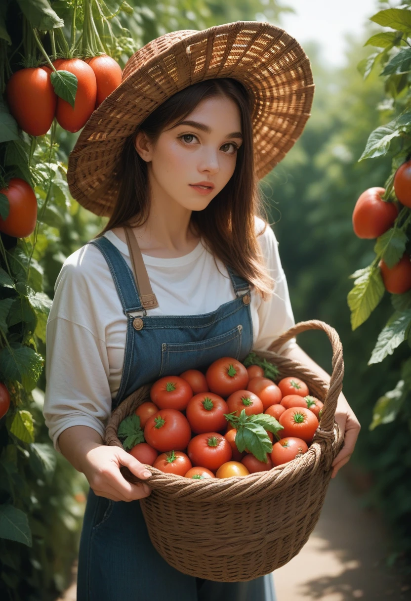 Help me imagine a brown basket with tomatoes and red and the background is white
