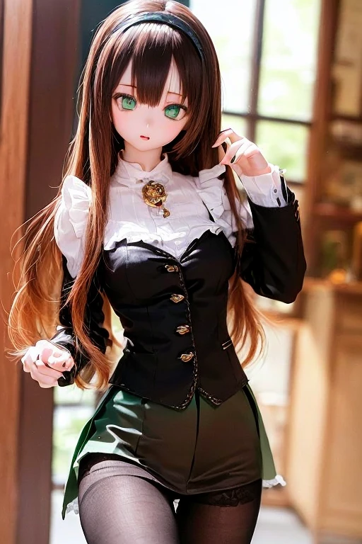 (SFW:2), photorealistic, realistic photo, 8k, ((highest quality)), ((masterpiece)), (extremely detailed), kukolnydom, doll, (mature woman, 21yo, 21 years old, solo:1.6), ((cowboy shot, contrapposto, slim, slender, skinny, medium breasts, hairband, ascot, blouse, long puff sleeves, pleated skirt, black pantyhose)), (green eyes, brown hair, long hair, plastic skin, looking at another, glass eyes, gradient eyes, shining eyes, detailed eyes:1.3)