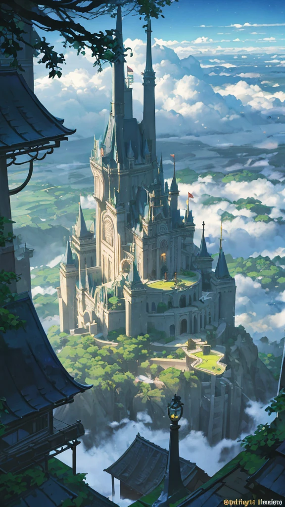 A An old castle on top of a giant tree in the middle of a dense forest with a magical aura emanating from inside the castle surrounded by trees and plants. fantasy world with tall, snowy mountains reaching into the sky through the clouds, 