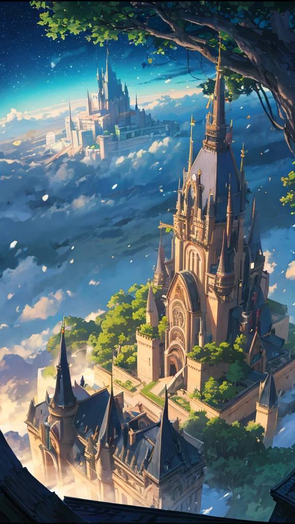 A An old castle on top of a giant tree in the middle of a dense forest with a magical aura emanating from inside the castle surrounded by trees and plants. fantasy world with tall, snowy mountains reaching into the sky through the clouds,